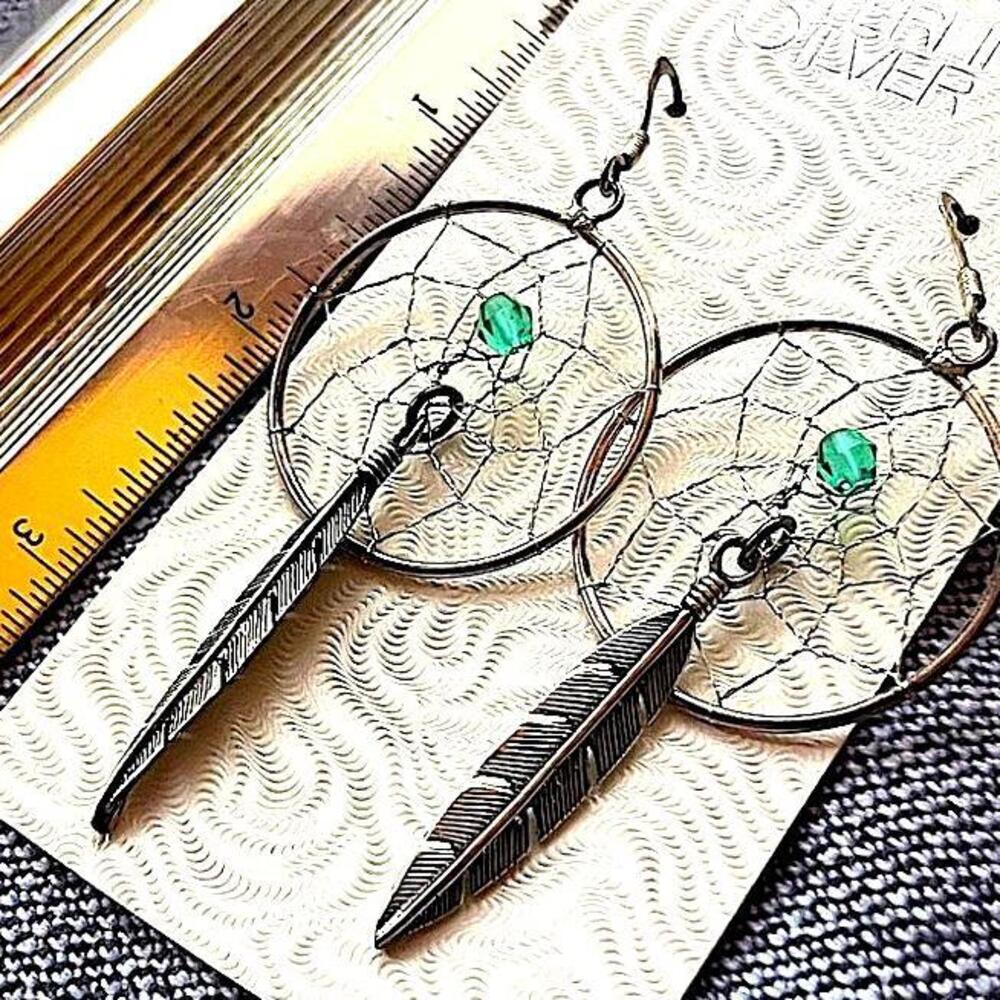 Sliver Dreamcatcher Style Earrings with Feather Pendant
